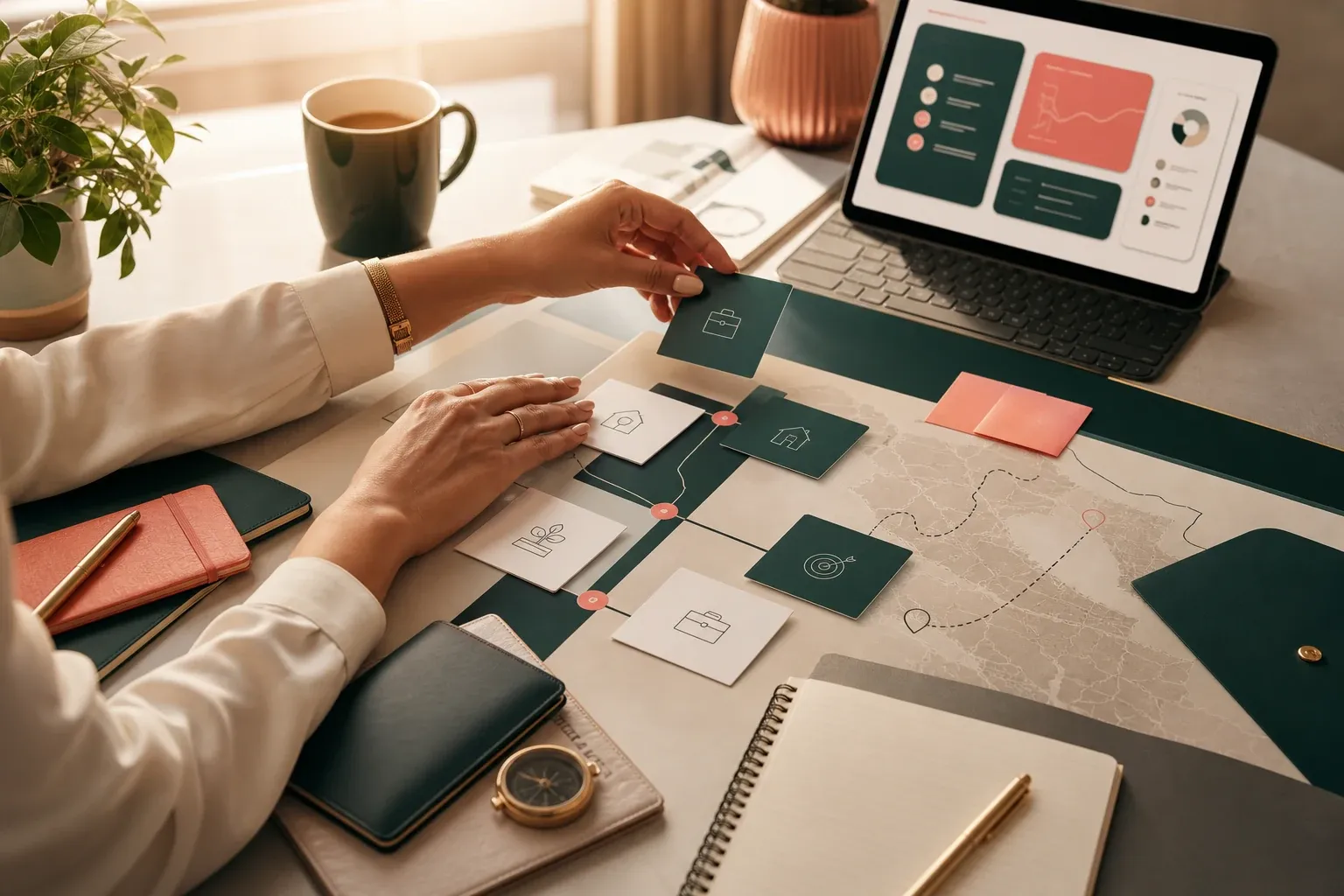Mesa de trabajo con un mapa de decisiones, documentos y prioridades para evaluar una inversión