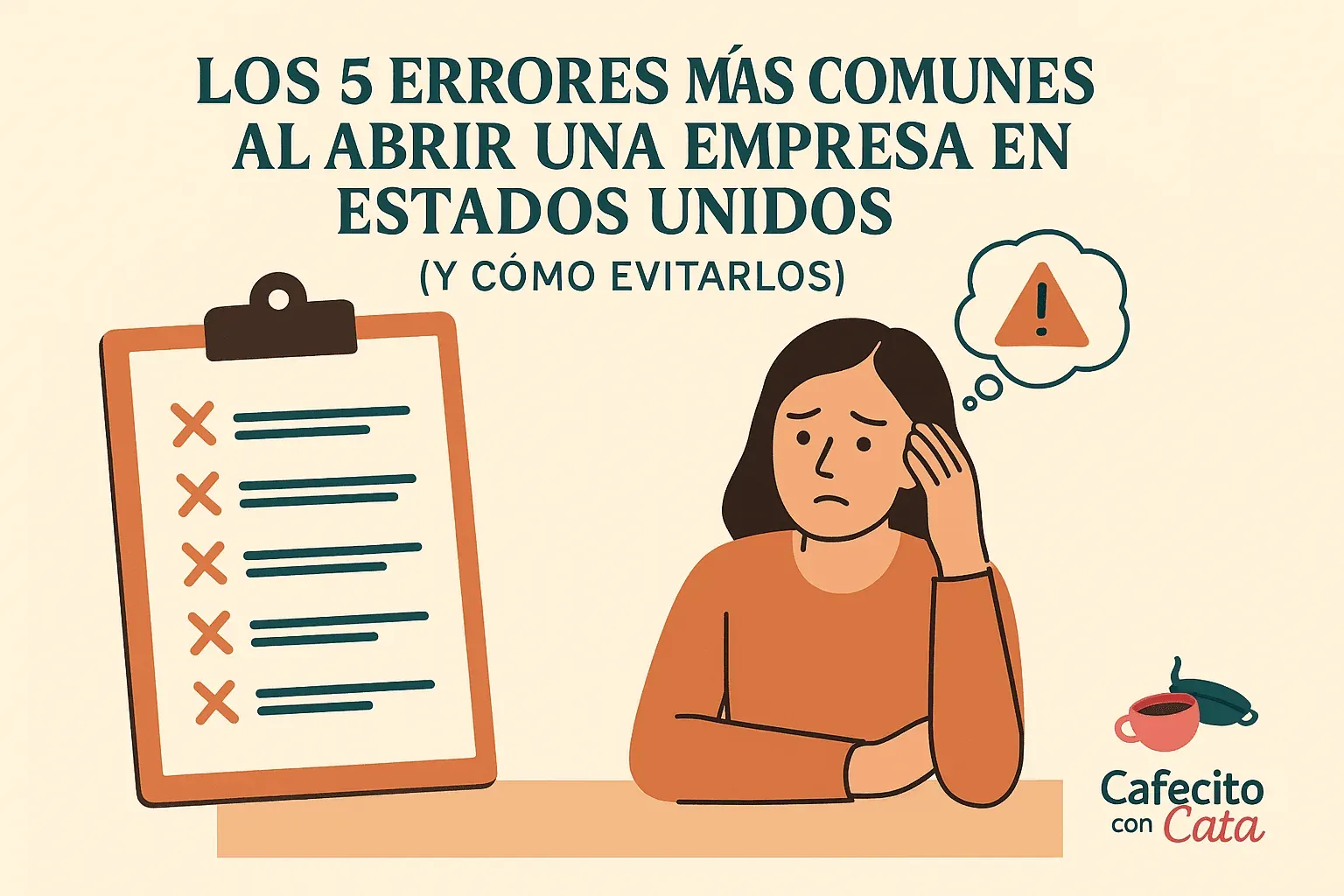 Ilustración de una emprendedora junto a una lista de errores al abrir una empresa en Estados Unidos