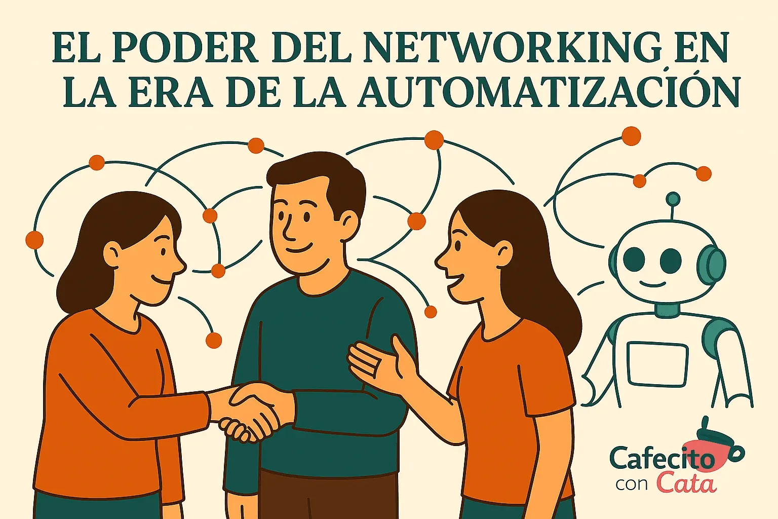 Ilustración de emprendedores conectados con una red y un robot para hablar de networking y automatización
