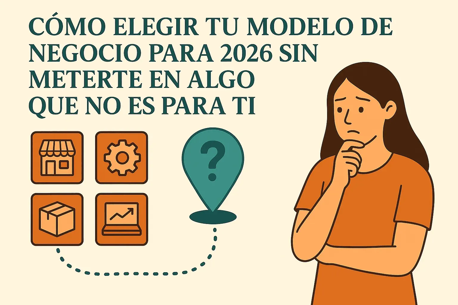 Ilustración de una emprendedora evaluando opciones de modelo de negocio en Estados Unidos