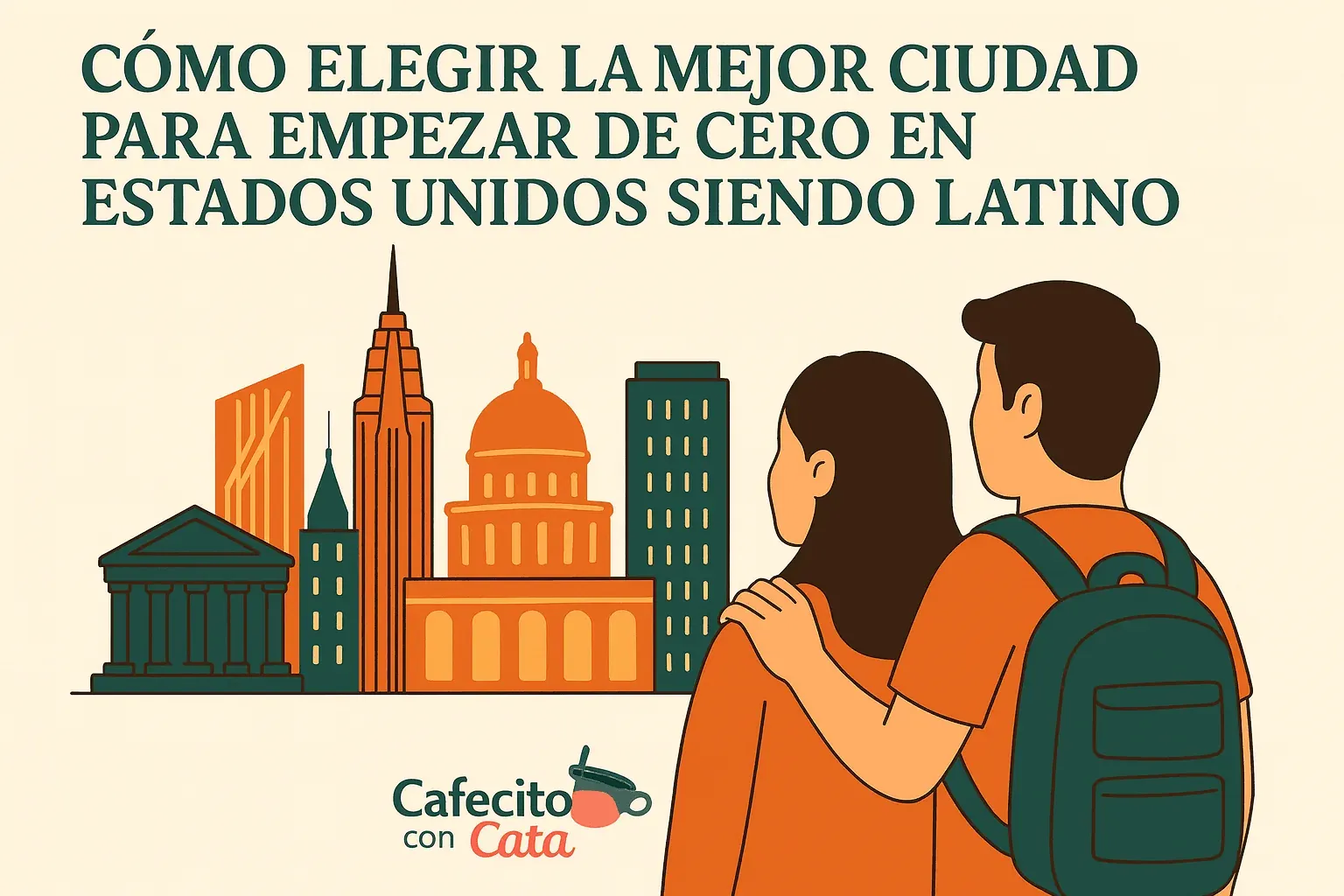 Pareja observando una ciudad para elegir dónde empezar de cero en Estados Unidos