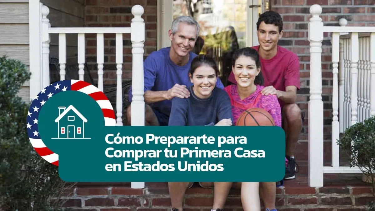 Familia sentada en el porche de una casa para una guía de compra de primera vivienda en Estados Unidos