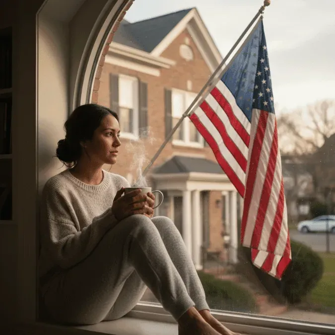 Mujer sentada junto a una ventana con una taza y una bandera de Estados Unidos