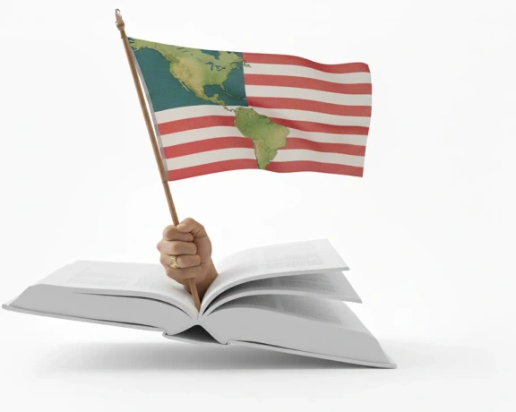 Libro abierto y bandera que representa la conexión latinoamericana con Estados Unidos
