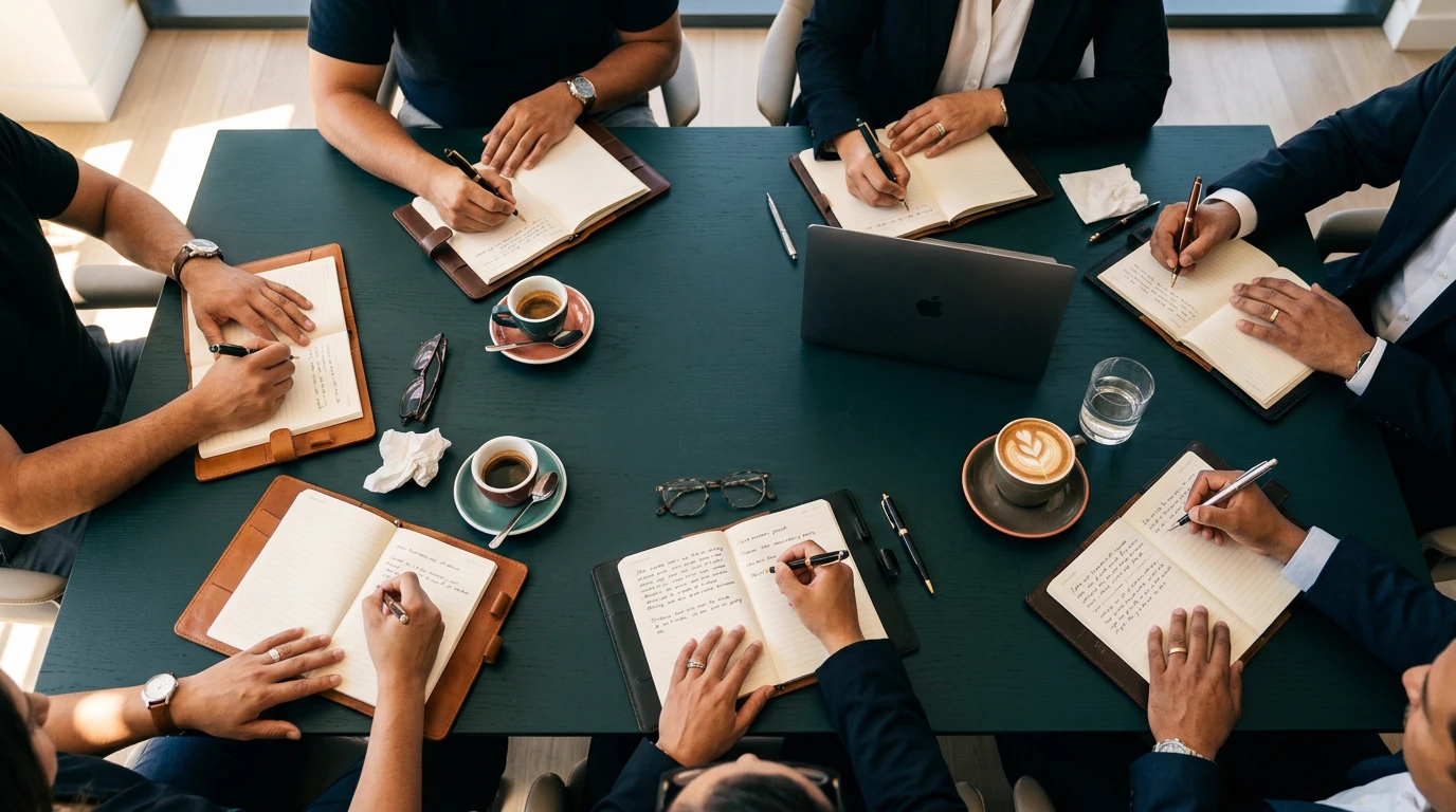 Vista cenital de una sesión de mesa empresarial: libretas, café y trabajo real